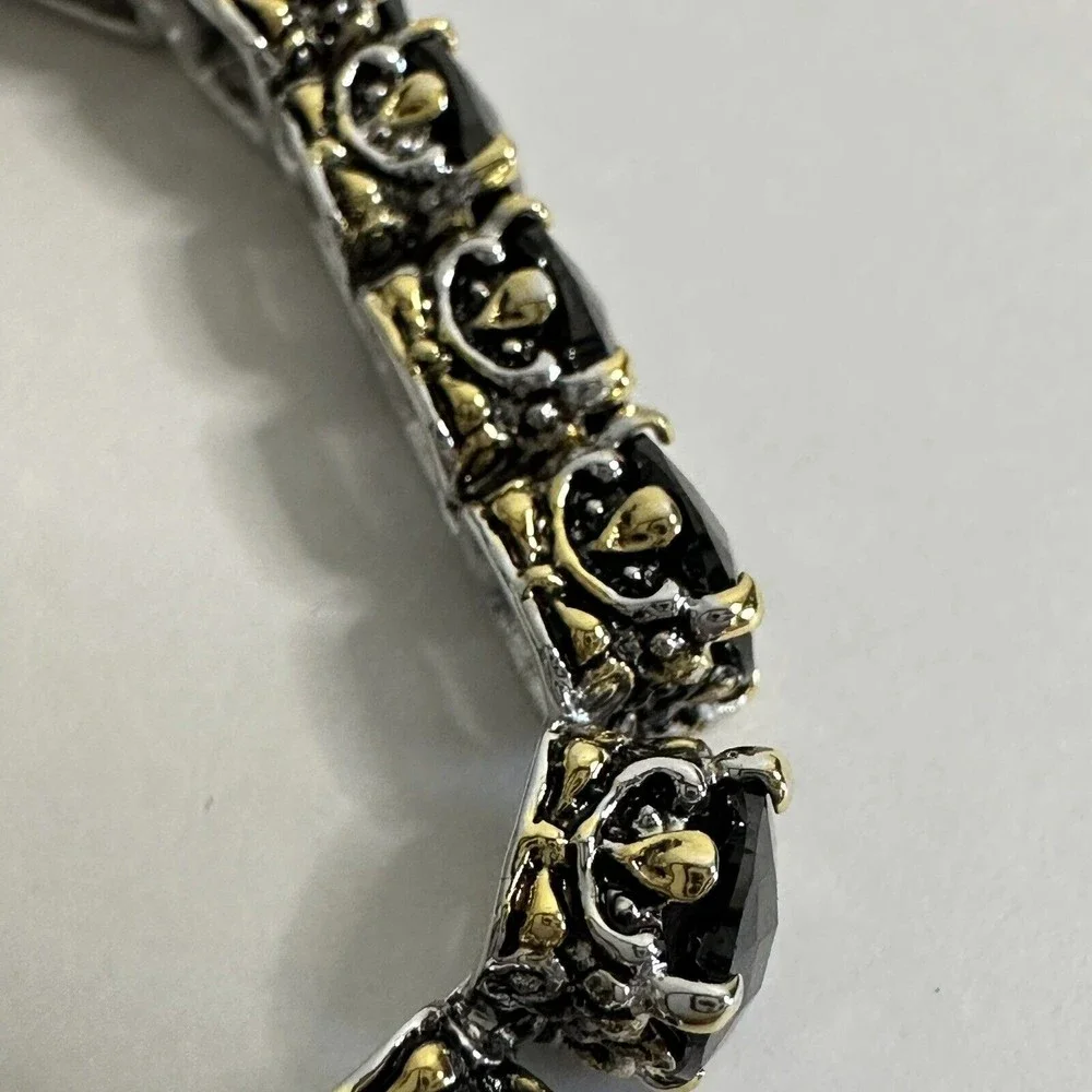 Bracelet Black Faceted Tennis Style Two Toned Safety Clasp IJDI China 925 Marked - Picture 4 of 13